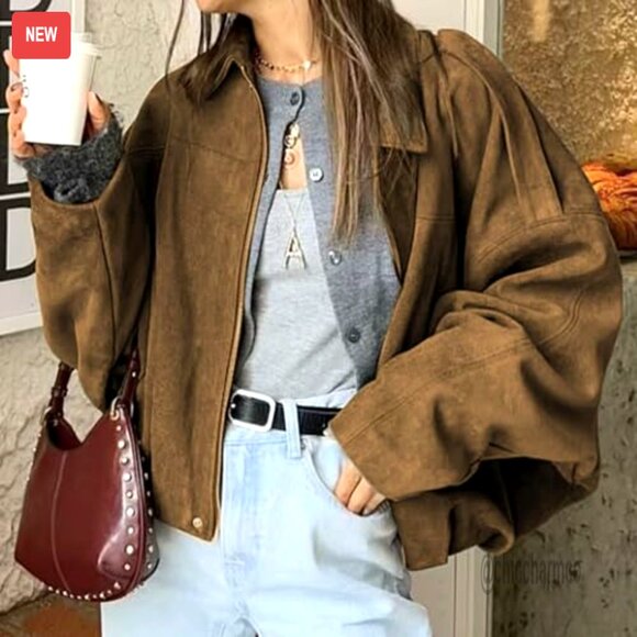 Oversized Faux Suede Bomber Jacket Lapel Streetwear Chic Casual Outerwear - Picture 3 of 7